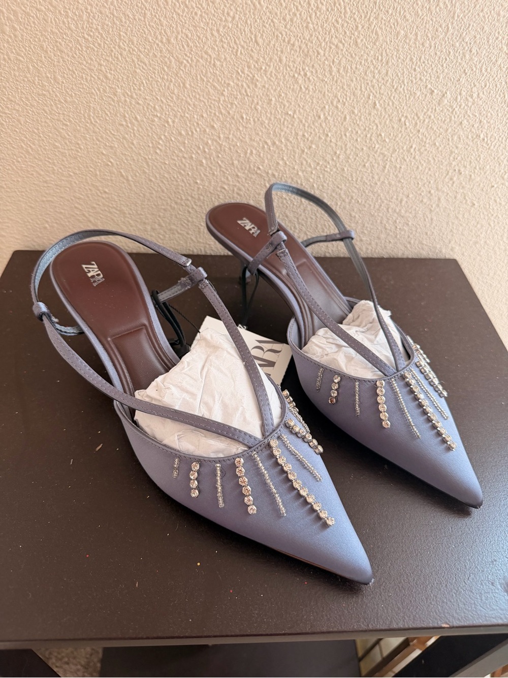 ZARA Grey Pointed Slingback Mules with Crystal Tassels